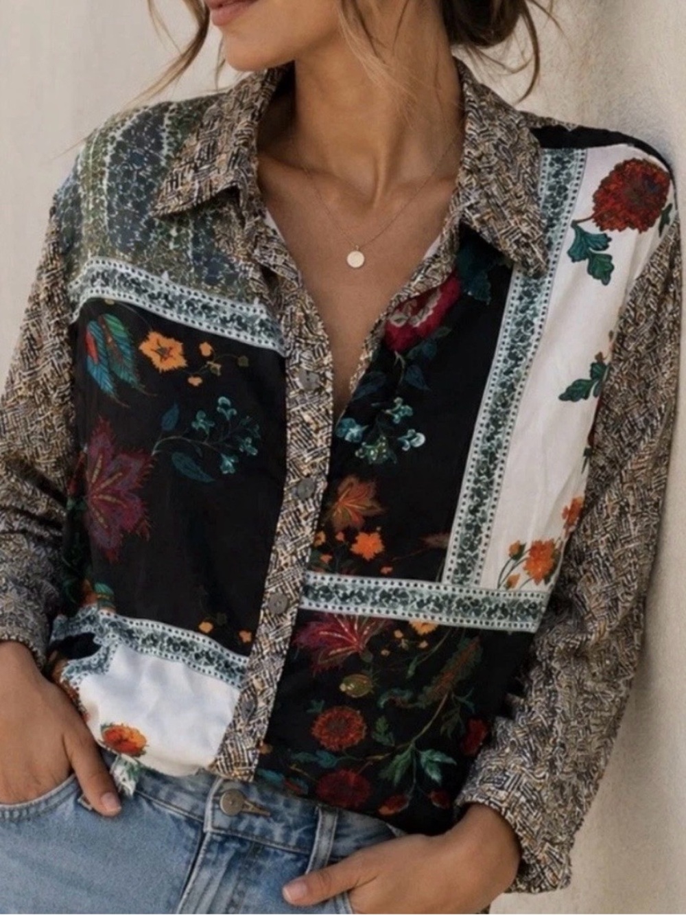 John Mark Shirt Medium Mixed Print Floral Patchwork Button Down Blouse Top Boho